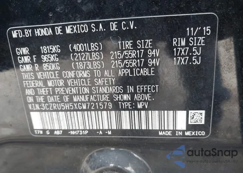 2016 Honda Hr-V Ex from USA, damaged, VIN 3CZRU5H5XGM721579